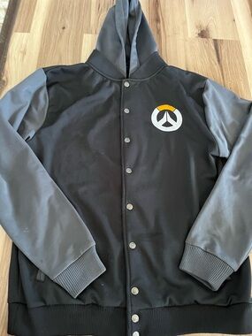 Blizzard Overwatch Hooded Jacket Grey Softshell Snap-Up Gaming Blizzcon | Size L